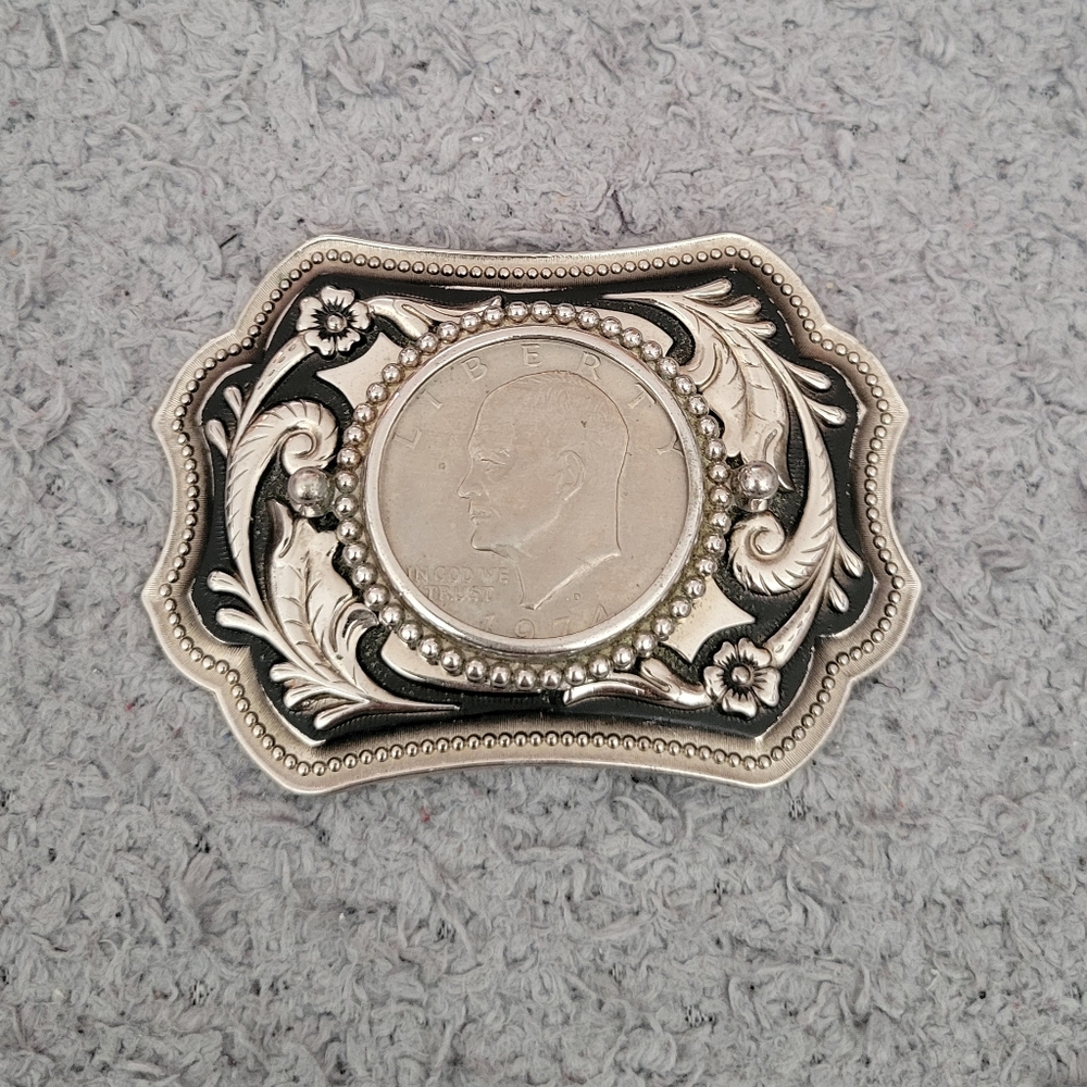 Vintage Eisenhower Coin Belt Buckle Silver Black Design Western Collectibles